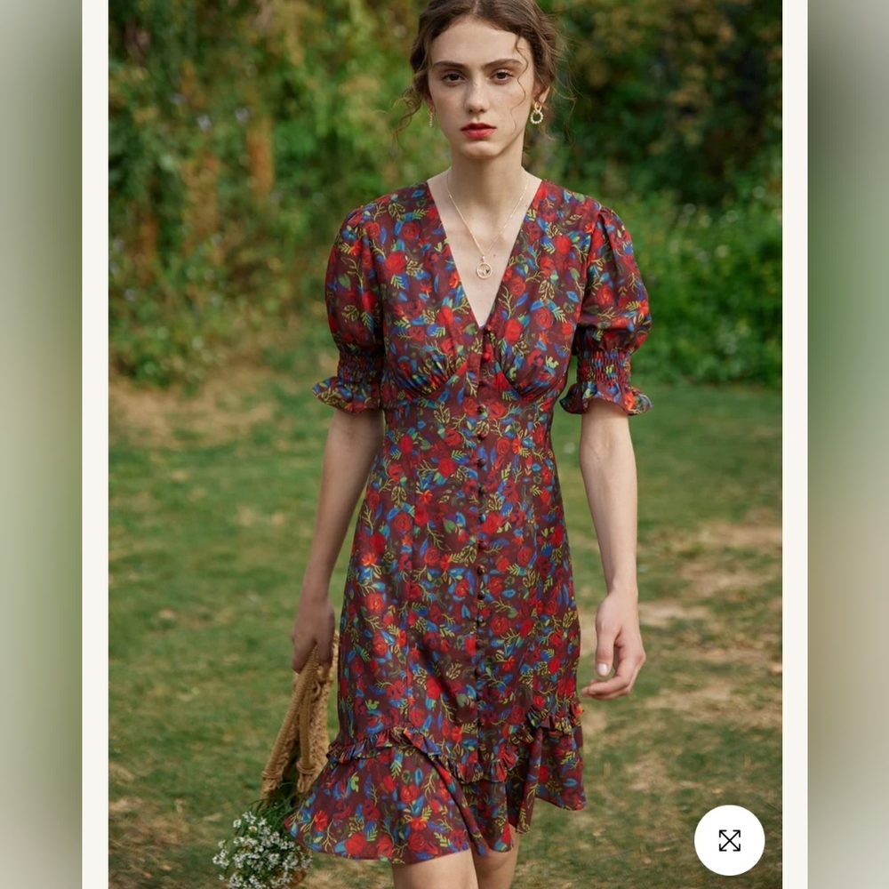 Simple Retro Kora Floral Printed Maxi Dress in Dark Red Size XS